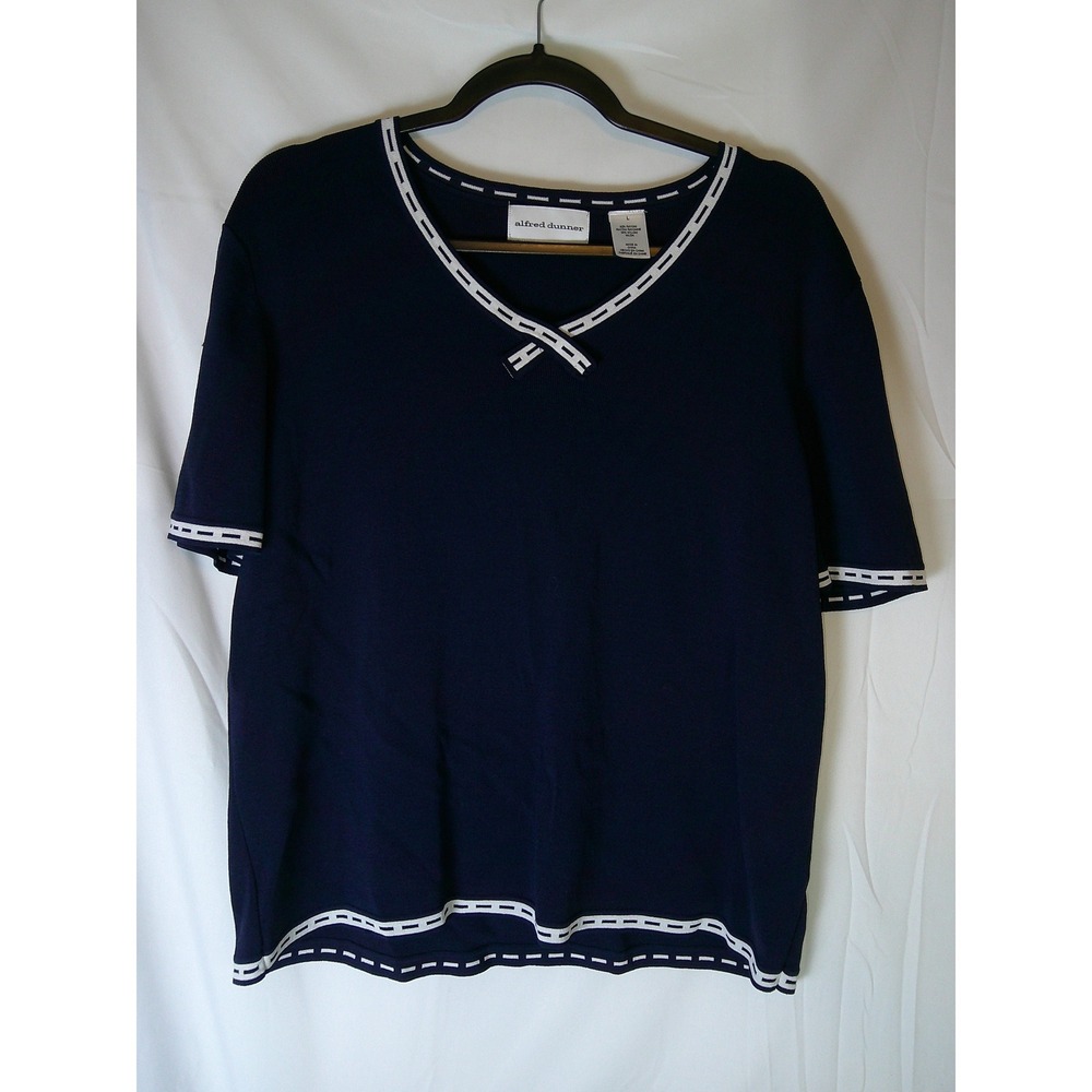 Alfred Dunner Womens Navy Blue White Contrast Trim V-Neck Knit Top Sweater Large